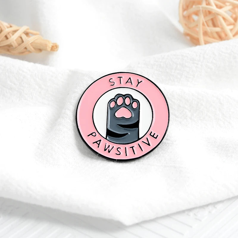 Pink Cat Paw Enamel Pins - Custom 'Stay Pawsitive' Brooches for Jewelry & Gifts