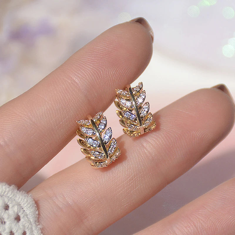 Delicate Leaf Hoop Earrings with CZ for Women - Silver or Gold Color