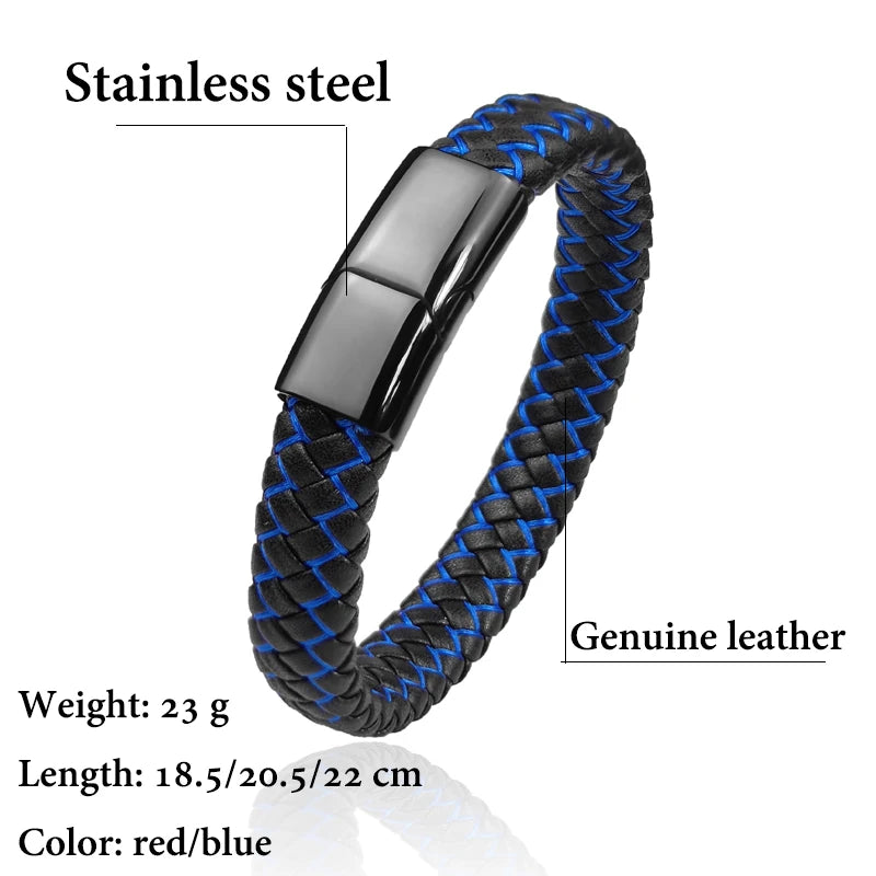 Men's Leather Braided Bracelet with Stainless Steel Charm and Lock
