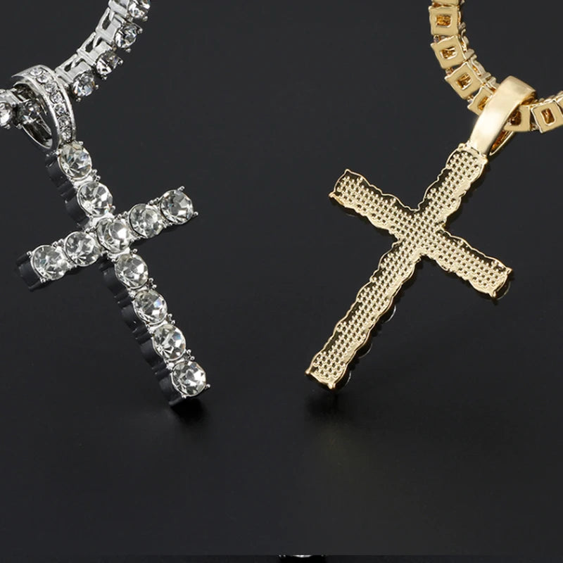 Men Women Hip Hop Cross Pendant Necklace with Zircon Tennis Chain - Trendy Bling Jewelry