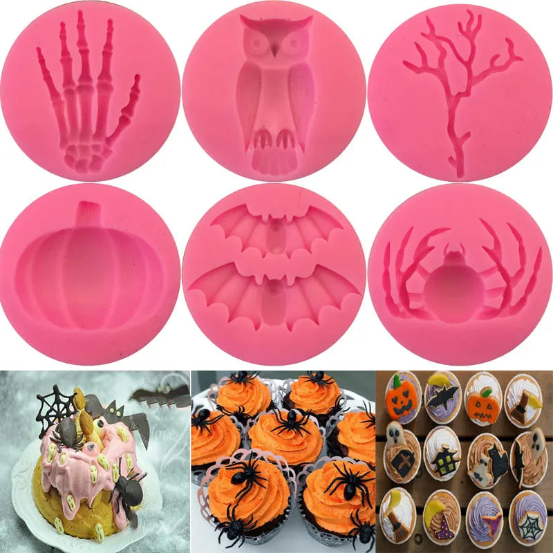 Halloween Silicone Mold Set for Fondant, Chocolate, and Cake Decorating - Skeleton, Spider, Bats, Pumpkin, Owls
