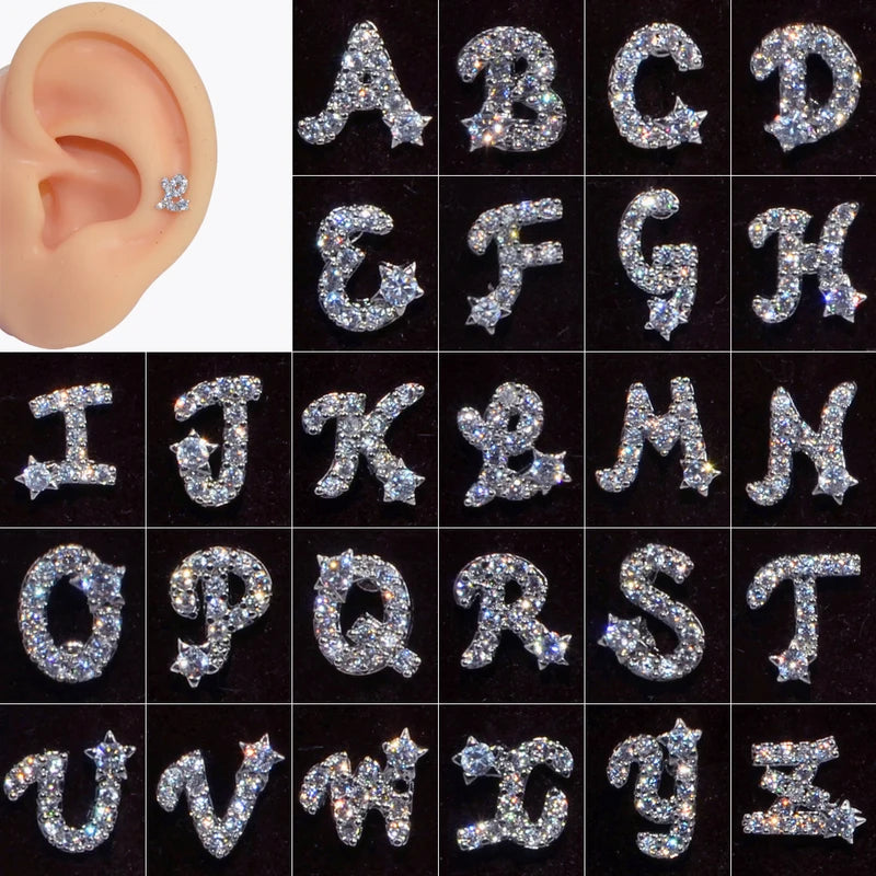 Letter of the Alphabet Zircon Stud Earrings - Surgical Steel, Fashion Jewelry for Women