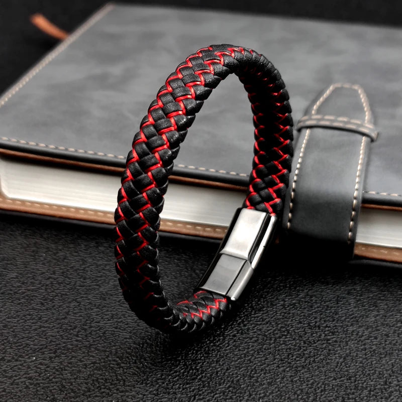 Men's Leather Braided Bracelet with Stainless Steel Charm and Lock