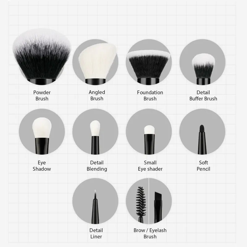 10pcs Makeup Brush Set with Natural and Synthetic Hair for Face & Eyes