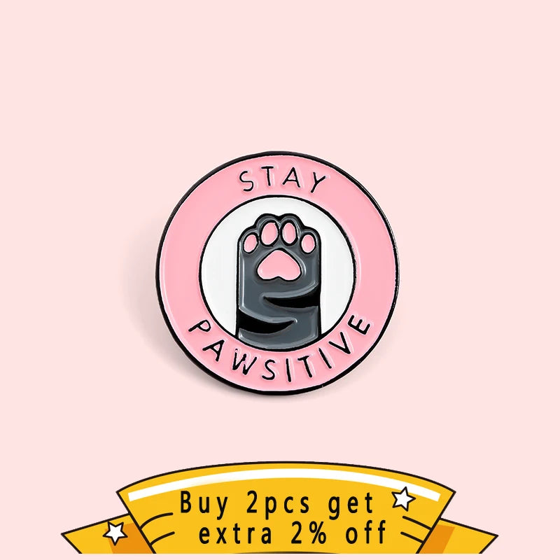 Pink Cat Paw Enamel Pins - Custom 'Stay Pawsitive' Brooches for Jewelry & Gifts