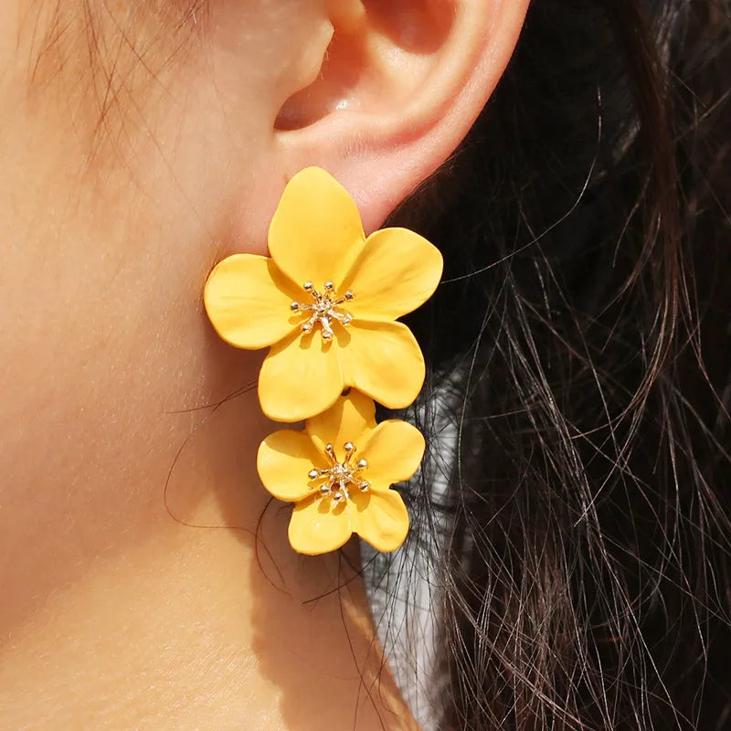 Double Flower Drop Earrings for Women Summer Beach Party Boho Jewelry - Gold, Red, Vermeil