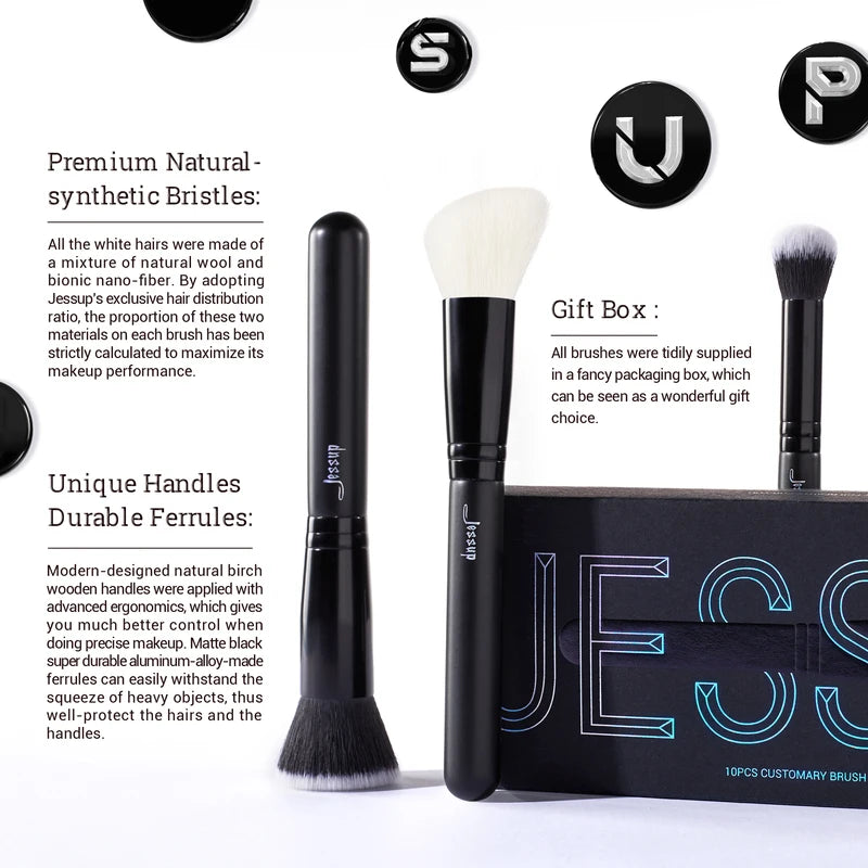 10pcs Makeup Brush Set with Natural and Synthetic Hair for Face & Eyes