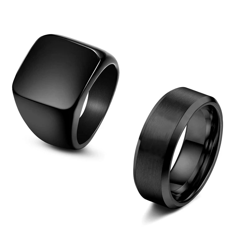 Men's Black Stainless Steel Signet Ring with Infinity Square Design — Wedding & Party Jewelry