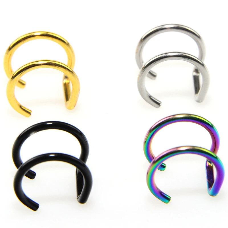 2PCS Punk Fake Piercings Stainless Steel Clip-On Earrings Non-Piercing Lip & Mouth Rings Body Jewelry for Women