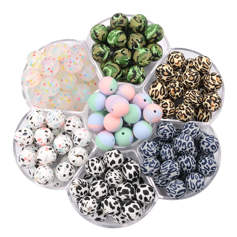 DIY Silicone Beads Set - 12/15/19mm Round Flower Leopard Design for Jewelry Making