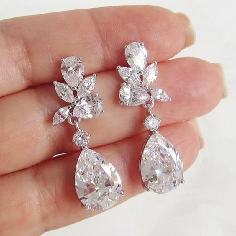 Crystal Drop Earrings with Cubic Zirconia - Trendy Silver Tone Women Jewelry