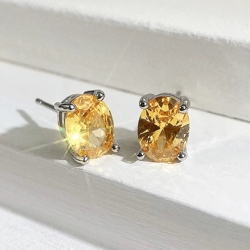 Simple Stud Earrings with Oval Cubic Zirconia for Ladies & Teens - Multiple Colors