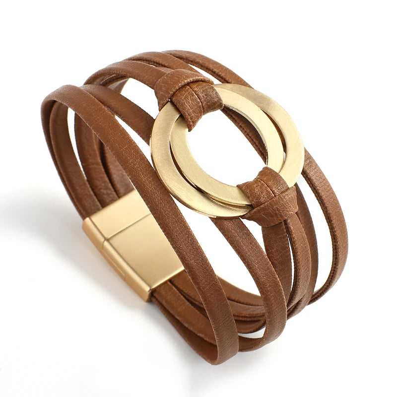 Boho Genuine Leather Wrap Bracelet for Women & Men with Hollow Circle Charm