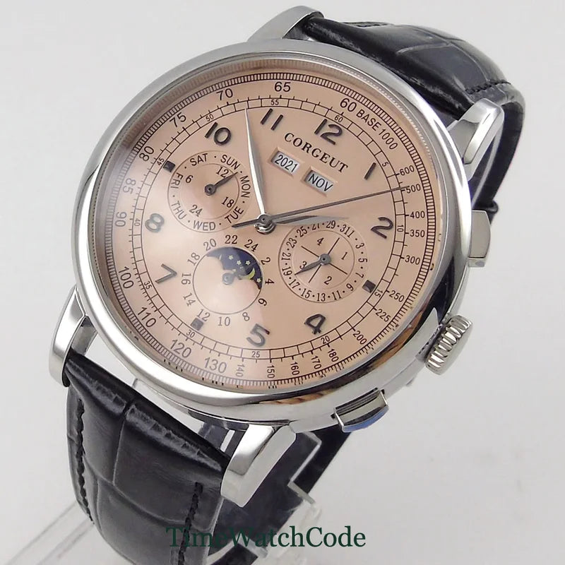 Automatic Men's Watch 42mm Multifunction with Leather Strap & Date Day Month
