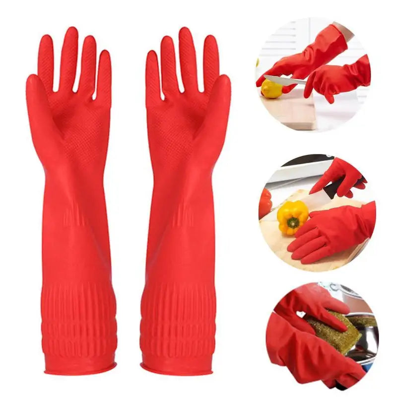 Waterproof Latex Kitchen Gloves for Dishwashing & Cleaning - Long Red Rubber Sleeves