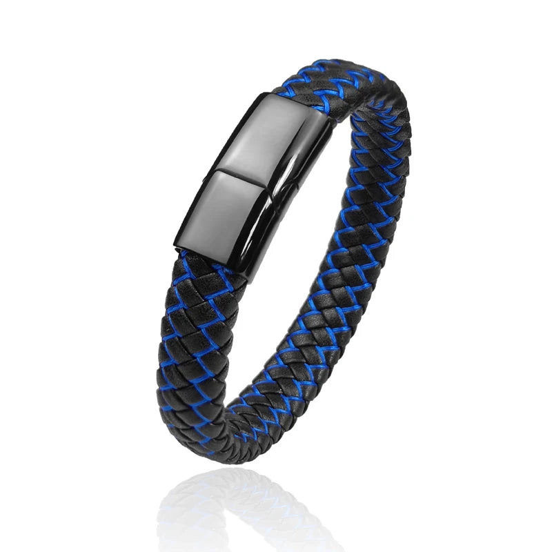 Men's Leather Braided Bracelet with Stainless Steel Charm and Lock