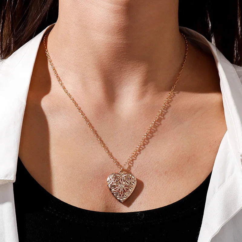 Sweet Peach Heart Necklace with Photo Pendant for Women - Gold or Silver