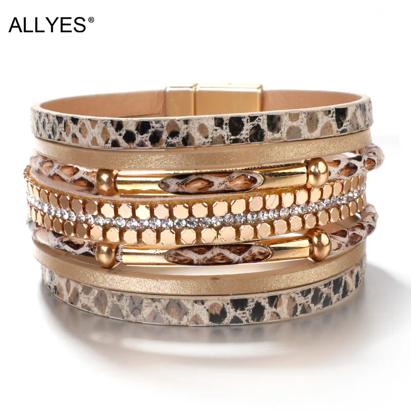 Multilayer Crystal Snake Skin Leather Bracelet for Women Bohemian Party Jewelry