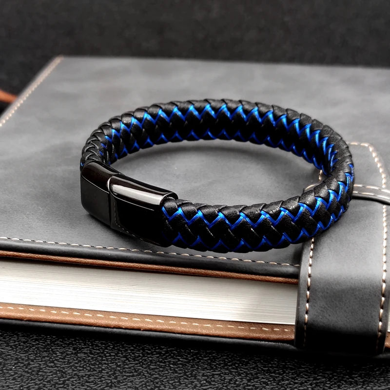 Men's Leather Braided Bracelet with Stainless Steel Charm and Lock