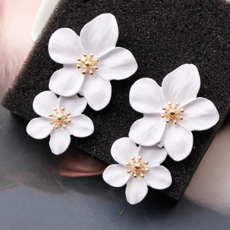 Double Flower Drop Earrings for Women Summer Beach Party Boho Jewelry - Gold, Red, Vermeil