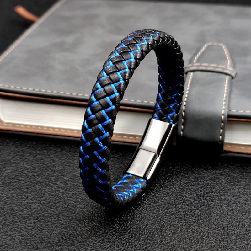 Men's Leather Braided Bracelet with Stainless Steel Charm and Lock