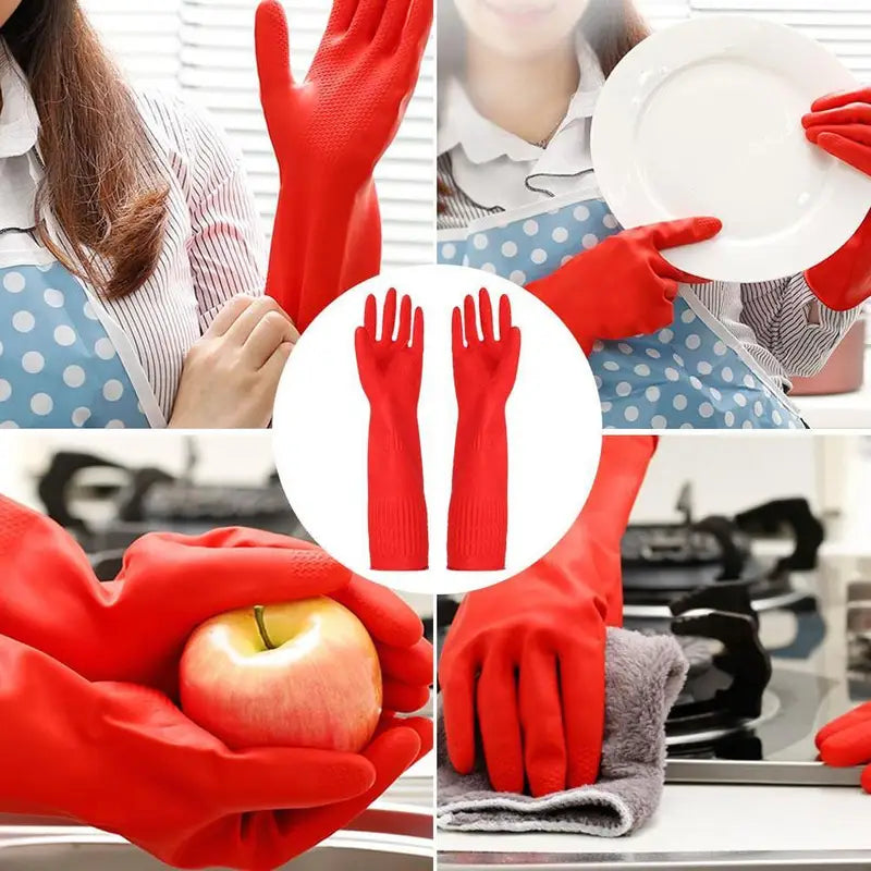 Waterproof Latex Kitchen Gloves for Dishwashing & Cleaning - Long Red Rubber Sleeves