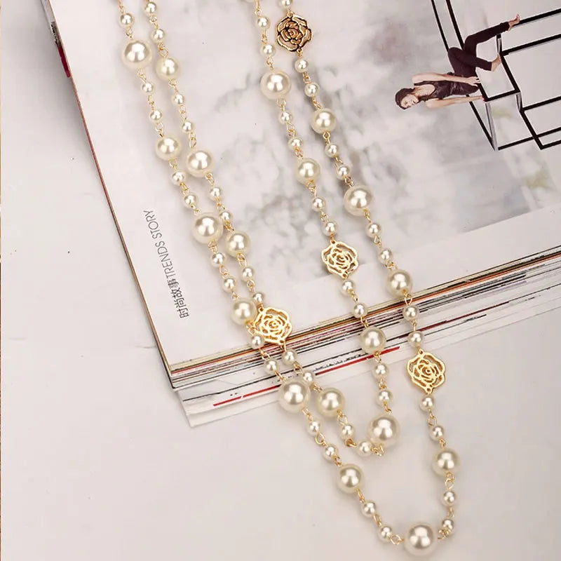 Long Pearl Necklace for Women Double Layer Camellia Flower Chain Jewelry