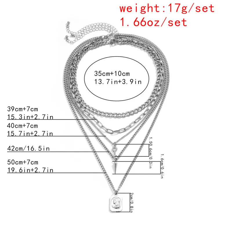 Goth Punk Multilayer Chain Necklace Set with Spike Rivets and Pendant for Women Men Statement Jewelry