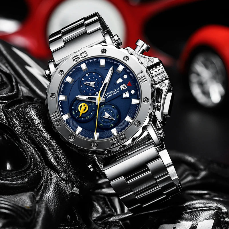 Men's Luxury Stainless Steel Waterproof Chronograph Watch with Big Dial and Date