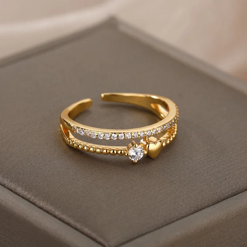 Double Layer Heart Zircon Rings for Women Stainless Steel Wedding Jewelry - Couple Gift