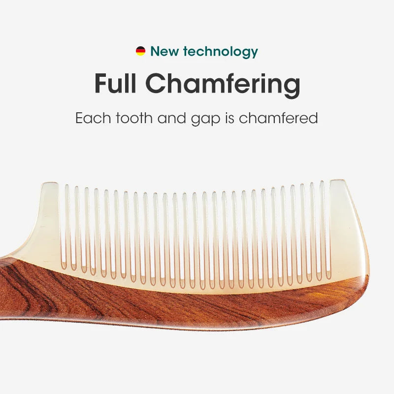 Natural Wood Hair Comb with Horn Splicing, Anti-Static, Massage & Acupuncture Points
