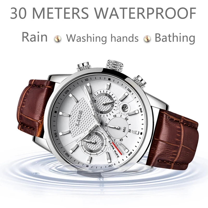 Men's Sports Quartz Watch with Leather Strap Waterproof Date