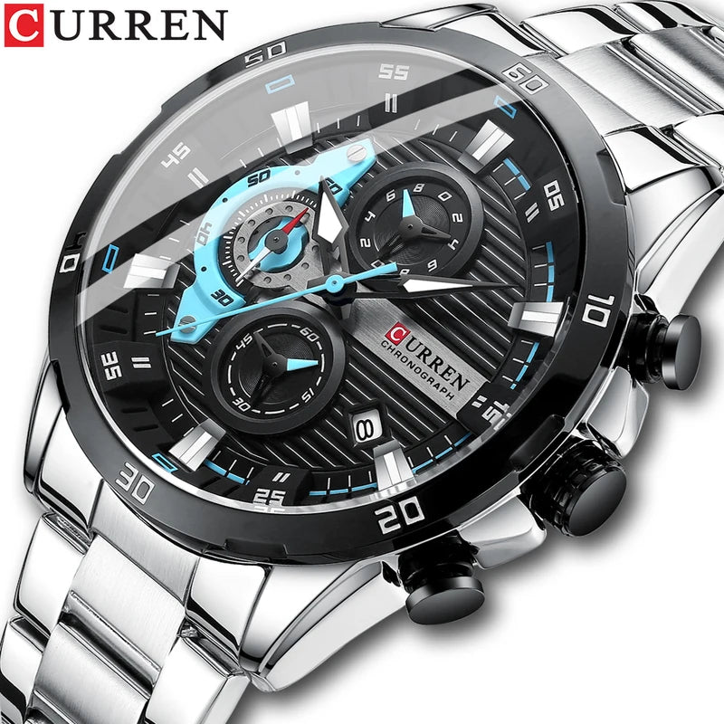 Men's Stainless Steel Chronograph Watch with Luminous Dial Casual Wristwatch
