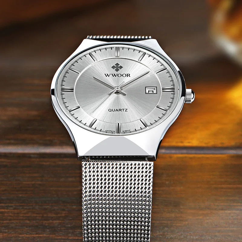 Men's Ultra Thin Quartz Waterproof Mesh Steel Watch - Business Wristwatch with Date