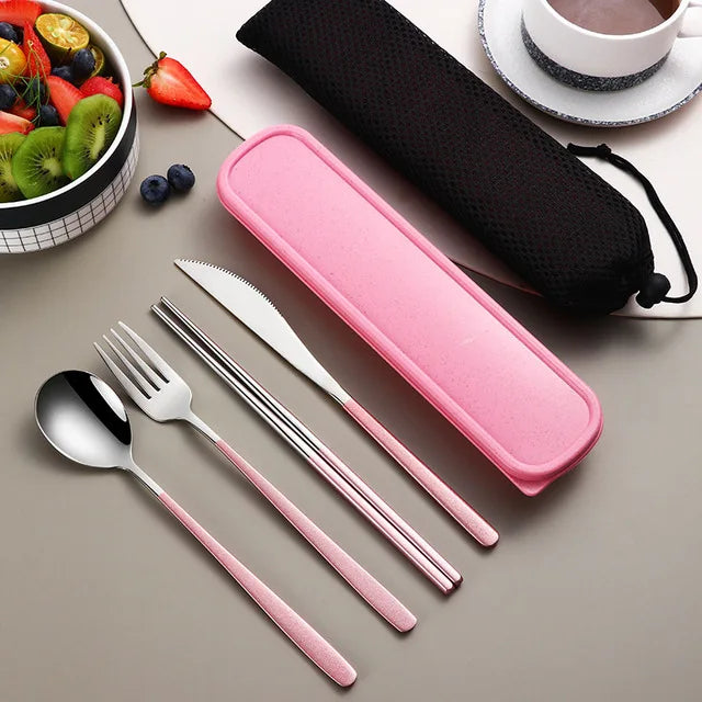 Portable Stainless Steel Flatware Set with Box - Travel Cutlery Dinnerware Kit