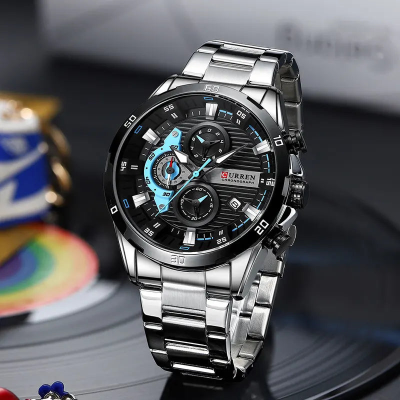 Men's Stainless Steel Chronograph Watch with Luminous Dial Casual Wristwatch