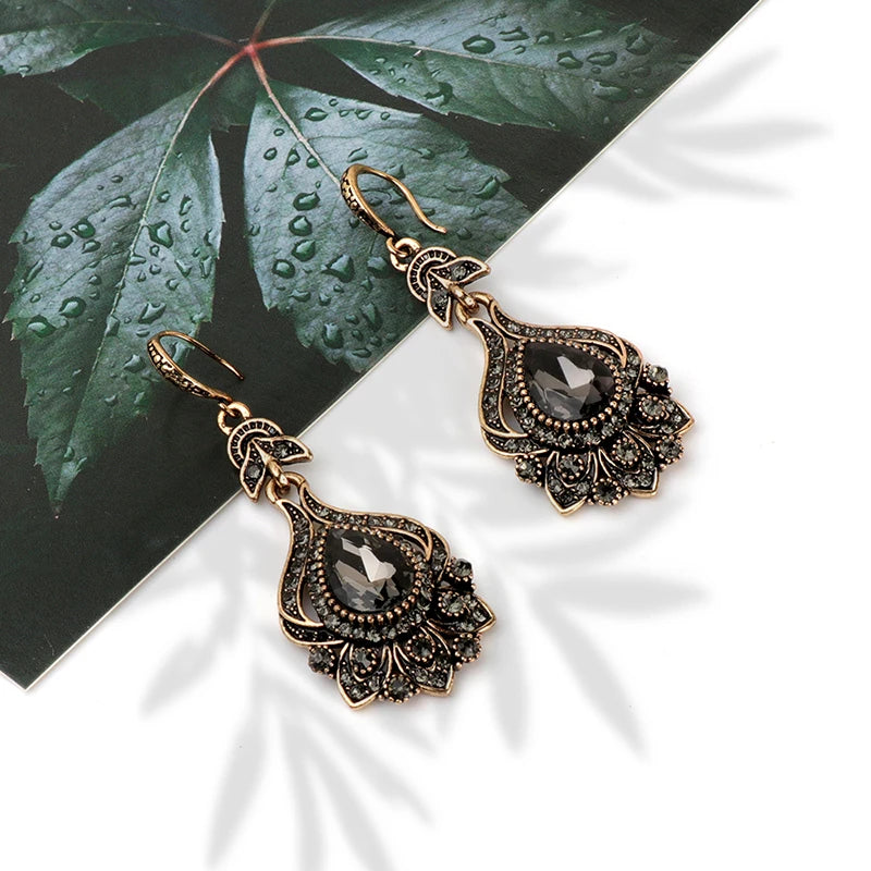 Luxury Gray Crystal Bridal Earrings for Women - Vintage Gold Drop Jewelry