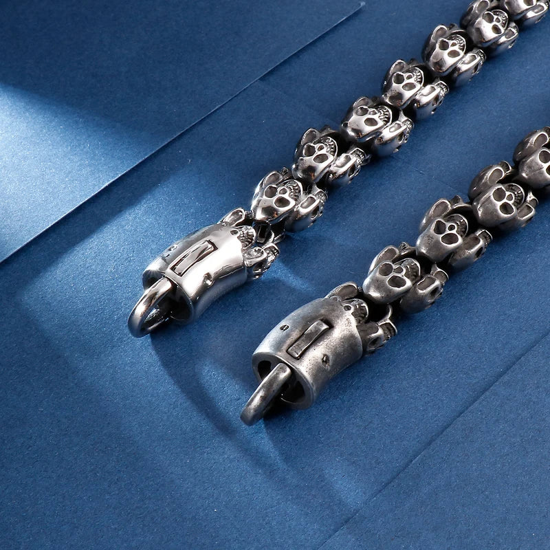 Men's Skull Chain Bracelet 12/15mm Punk Biker Silver Stainless Steel Jewelry