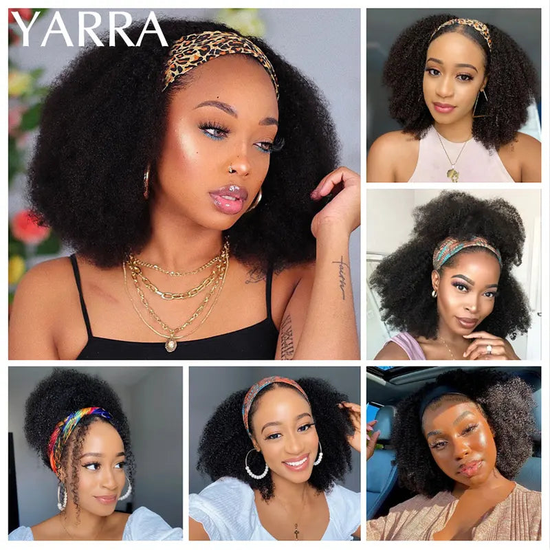 Kinky Curly Human Hair Headband Wig for Black Women - Full Machine Made, Brazilian Remy, 180% Density
