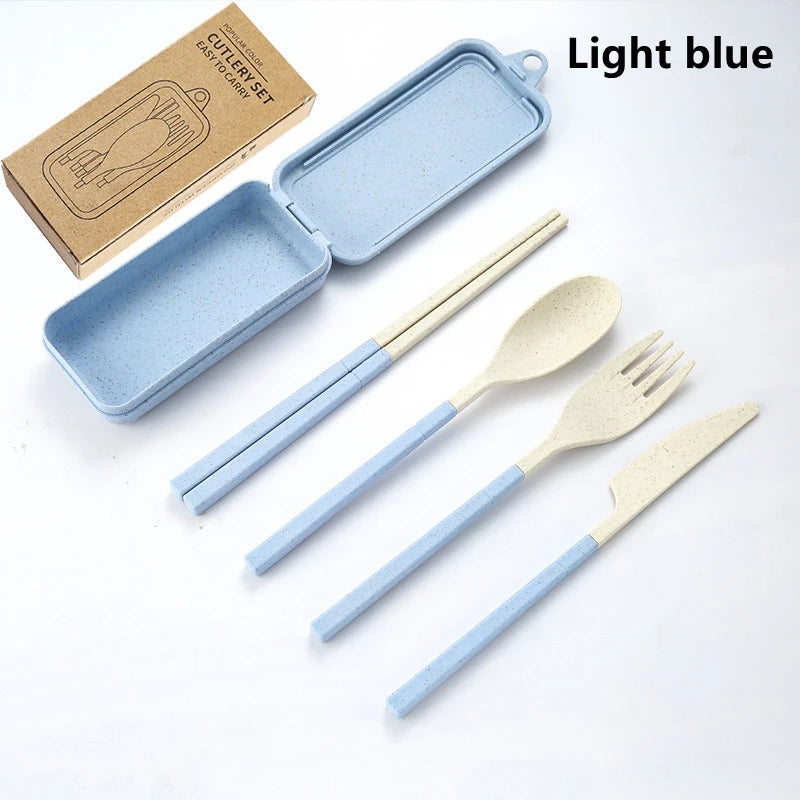 4-Piece Eco-Friendly Wheat Straw Travel Dinnerware Set with Detachable Cutlery