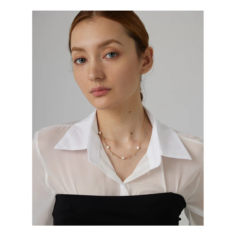 Women’s Stainless Steel Chain Necklace with Pearls and Cubic Zirconia