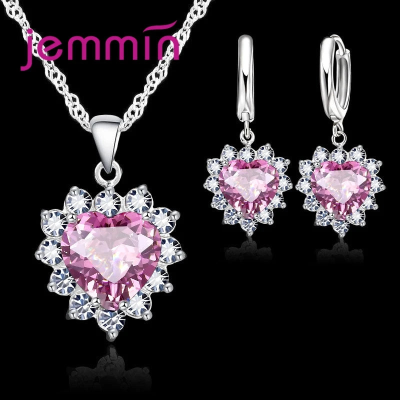 Sterling Silver Heart Pendant Jewelry Set with Hoop Earrings for Women Girls - Wedding Engagement Gift