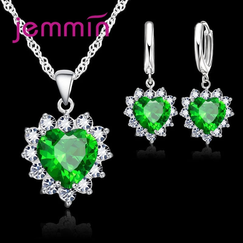 Sterling Silver Heart Pendant Jewelry Set with Hoop Earrings for Women Girls - Wedding Engagement Gift