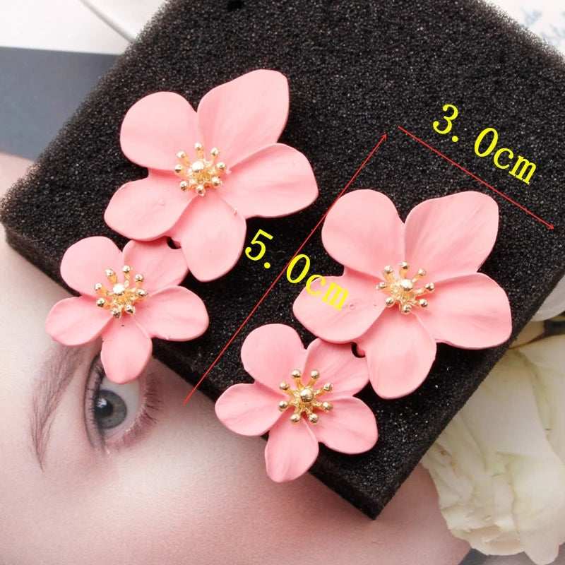 Double Flower Drop Earrings for Women Summer Beach Party Boho Jewelry - Gold, Red, Vermeil