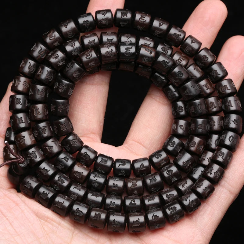 Natural Ebony Prayer Wheel Necklace with 108 Beads and Six-Character Mantra - Tibetan Buddhist Jewelry