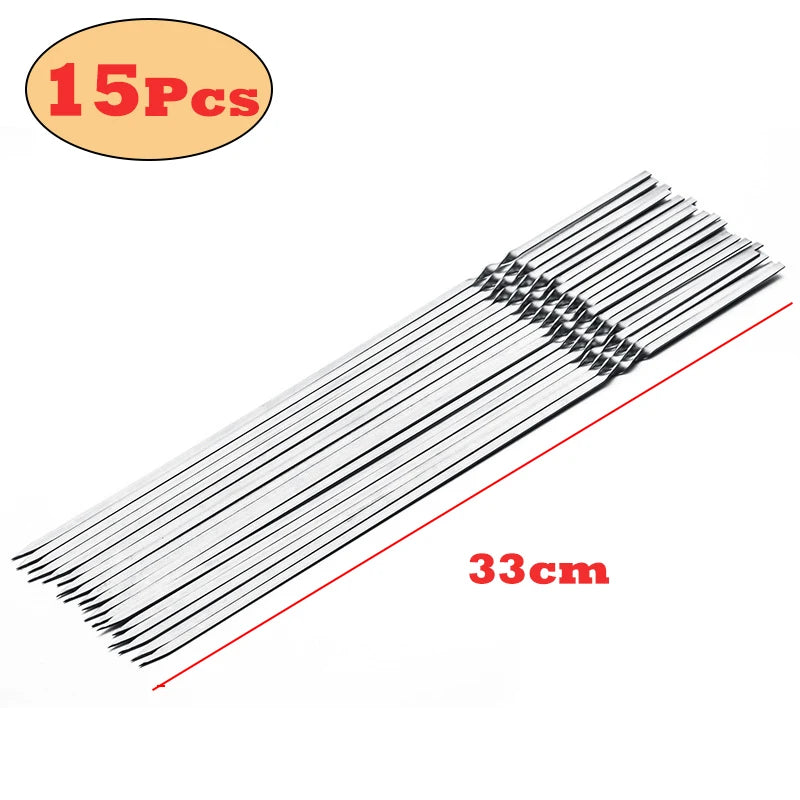 Reusable Stainless Steel BBQ Skewers Set - 10/15 Pcs, Non-Stick, Heat-Resistant for Outdoor Grilling