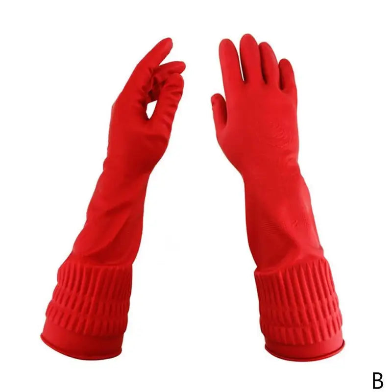 Waterproof Latex Kitchen Gloves for Dishwashing & Cleaning - Long Red Rubber Sleeves