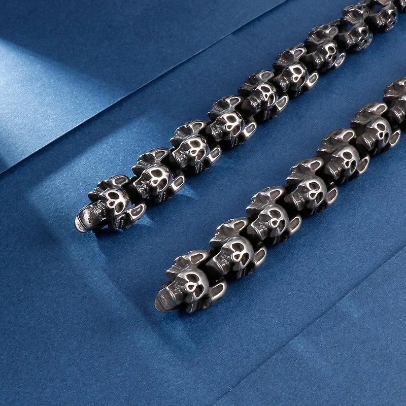 Men's Skull Chain Bracelet 12/15mm Punk Biker Silver Stainless Steel Jewelry