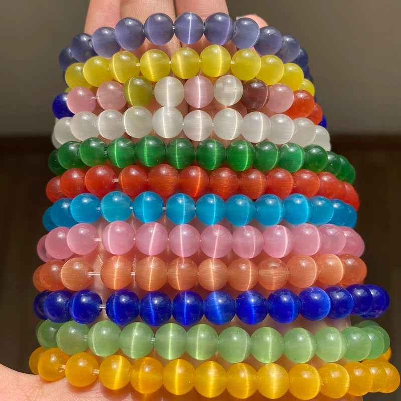 Natural Stone Glass Beads for Jewelry Making - Pink Cat Eye Opal Loose Beads 4-12mm, 15 Inch Strand