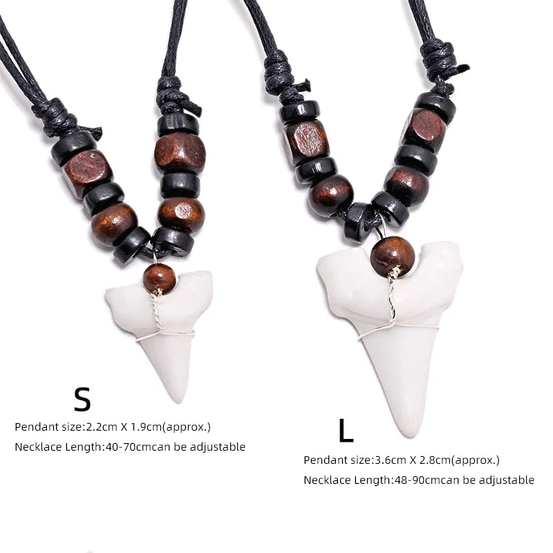 Hawaii Surfer Jewelry Pendant Necklace with Imitation Shark Teeth Tribal Bone Charm Adjustable Chain